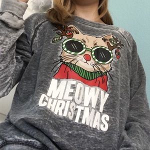 Meow Christmas Gray Sweater Top